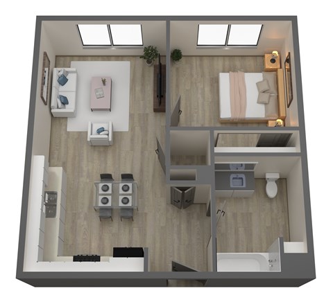 Floor plan for 1 bed, 1 bath, 570 sqft